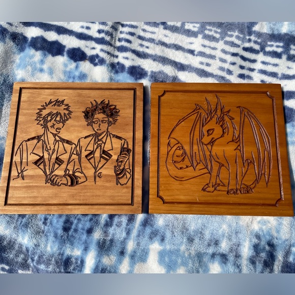 Set Of 2 Anime Style Pyrography Art Wood Hanging Wall Plaques ONE OF A KIND - Picture 3 of 11